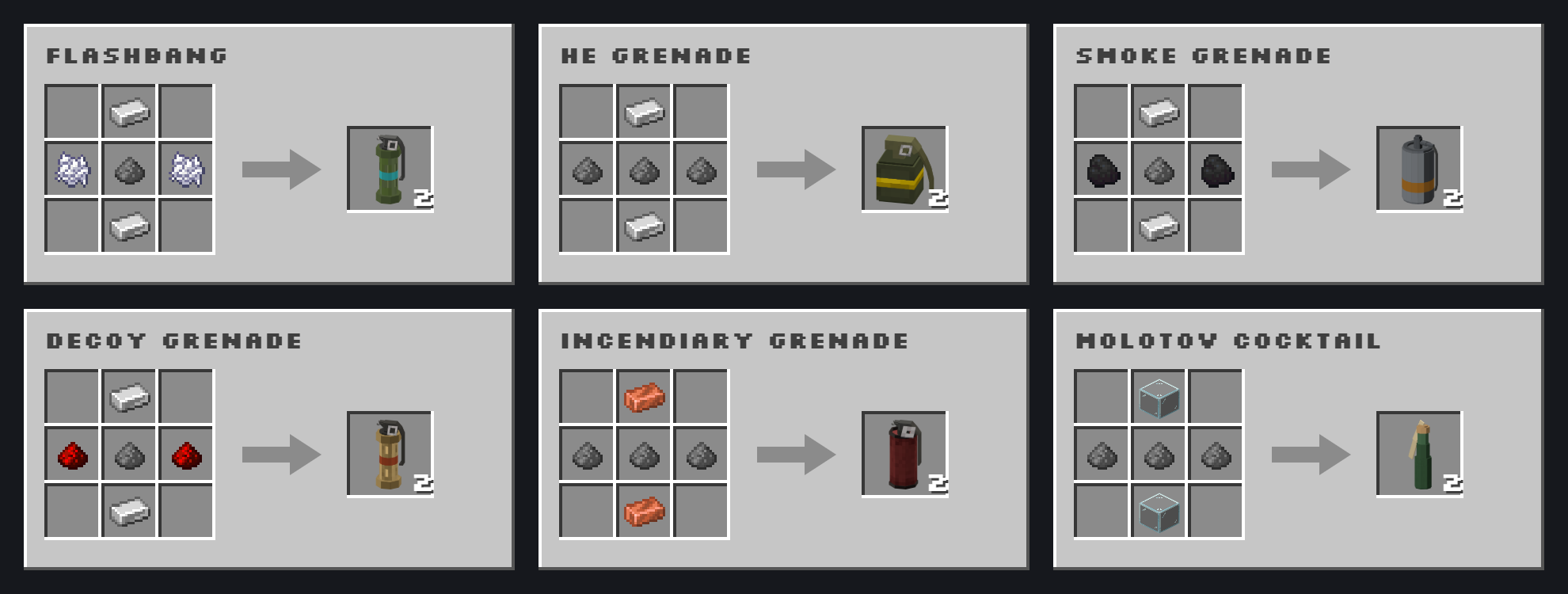 Grenade recipes, each making 2. Flashbang: iron ingot above and below, bone meal, gunpowder, bone meal across the middle. HE Grenade: iron ingot above and below, 3 gunpowder across the middle. Smoke Grenade: iron ingot above and below, coal, gunpowder, coal across the middle. Decoy Grenade: iron ingot above and below, redstone, gunpowder, redstone across the middle. Incendiary Grenade: copper ingot above and below, 3 gunpowder across the middle. Molotov Cocktail: glass above and below, 3 gunpowder across the middle