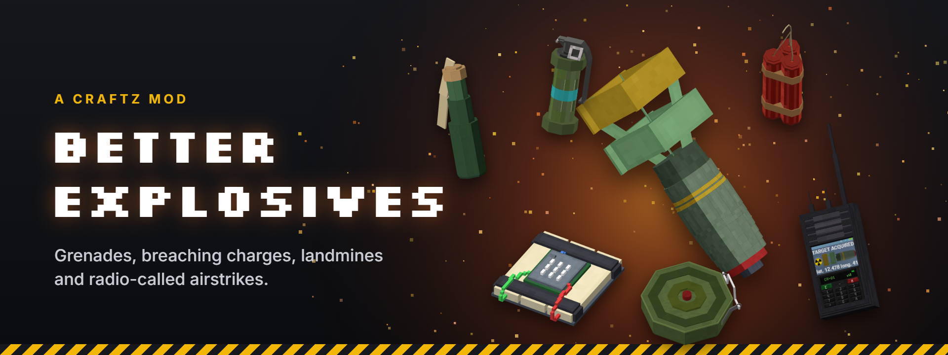 Better Explosives banner: a nuclear bomb, C4, landmine, molotov, flashbang, triple dynamite and talkie-walkie on a dark background