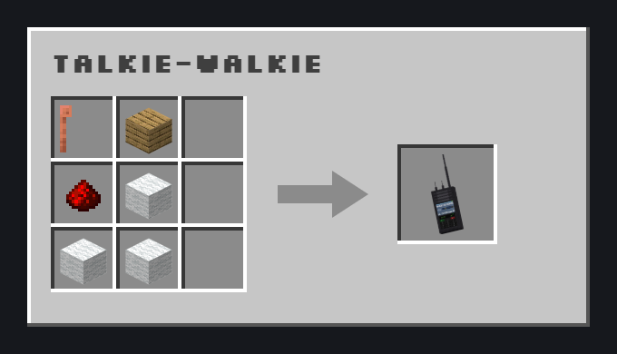 Talkie-Walkie recipe: lightning rod and oak planks on the top row, redstone and wool on the middle row, wool and wool on the bottom row